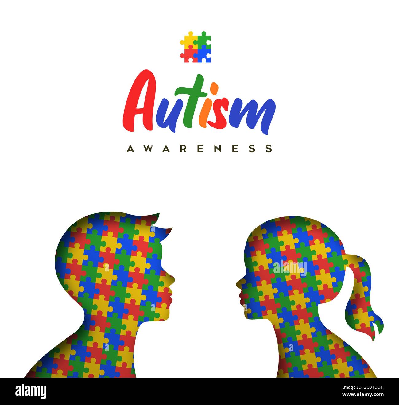 Autism awareness day greeting card illustration of paper cut children silhouettes with colorful puzzle game inside. Different kid concept, psychology Stock Vector