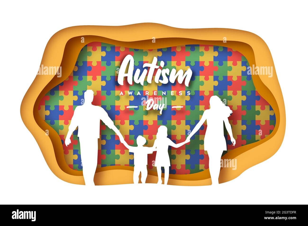 Autism awareness day greeting card illustration of family with children in paper cut style, colorful puzzle background. Kid education concept, differe Stock Vector