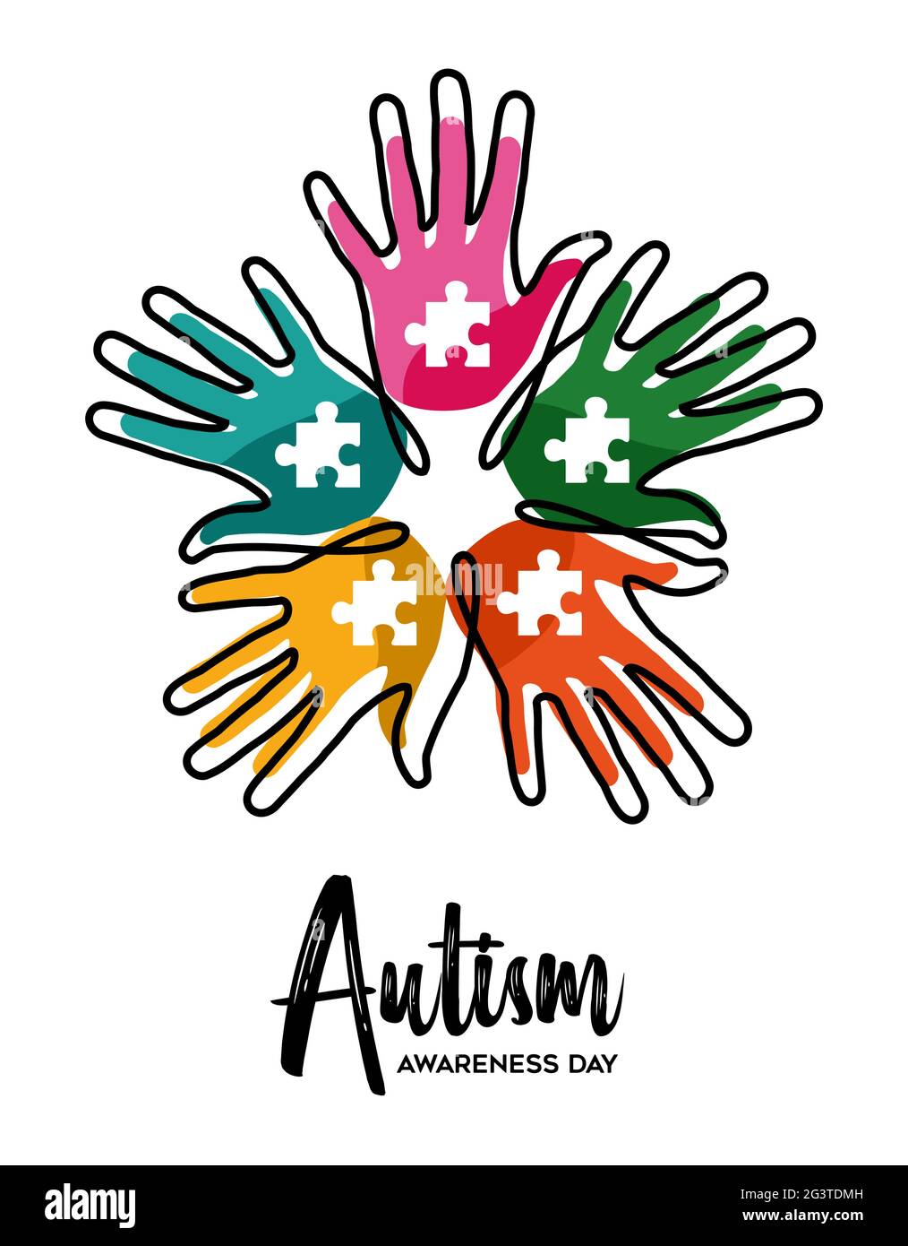 Autism Awareness Day greeting card illustration of colorful children hands together with puzzle piece. Autistic learning ability support concept, kid Stock Vector