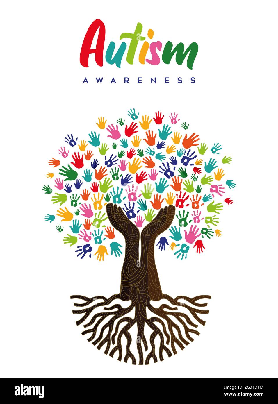 Autism Awareness Day greeting card illustration of colorful diverse child hand print together making tree shape. Autistic children learning ability su Stock Vector