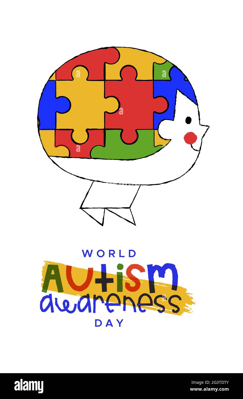 Autism Awareness Day greeting card illustration of child head with puzzle game inside in funny kid cartoon doodle style. Autistic children psychology Stock Vector
