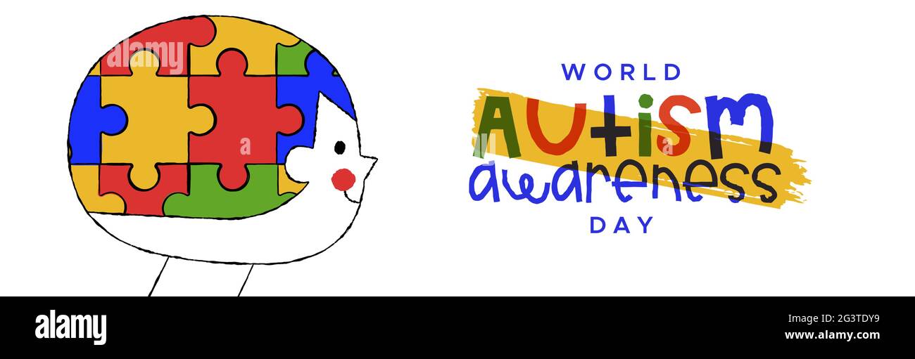 Autism Awareness Day web banner illustration of child head with puzzle game inside in funny kid cartoon doodle style. Autistic children psychology sup Stock Vector