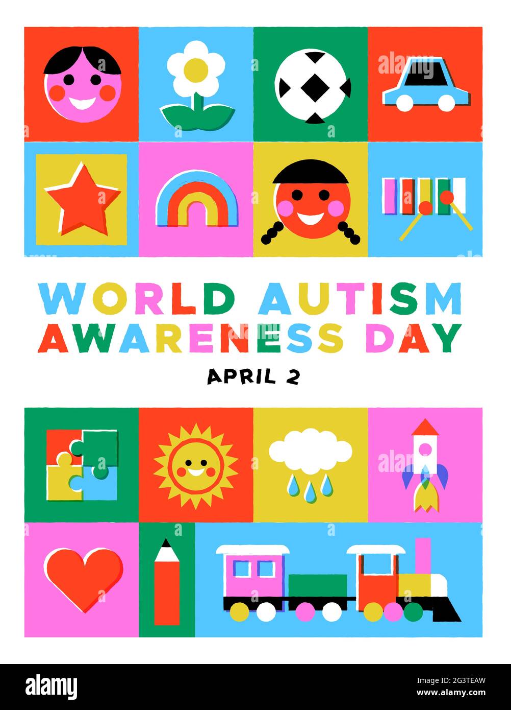 World autism awareness day greeting card illustration of colorful children toy icon mosaic in vintage cartoon style. Autistic kid psychology support c Stock Vector