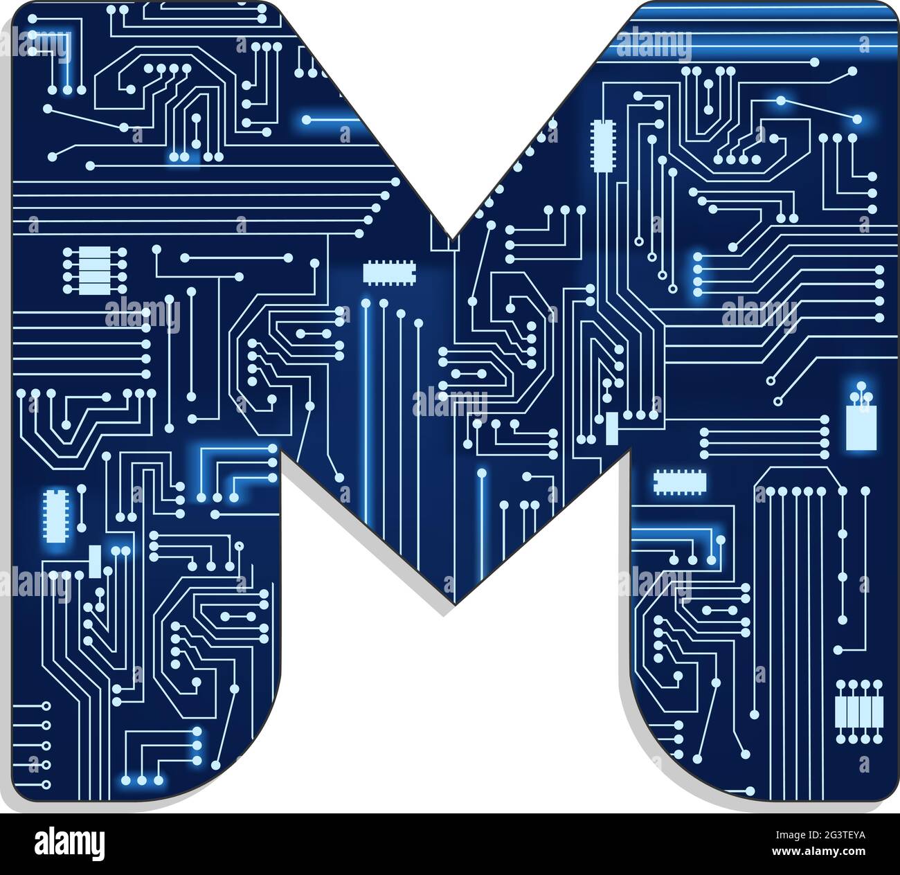 Letter 'm' from technology's stylized alphabet with electronic circuit. Uppercase letter. Stock Vector