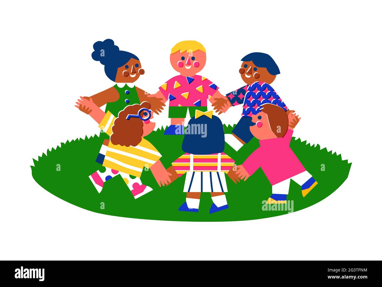 Diverse happy children friend group holding hands together outdoors in retro cartoon style. Kid school teamwork or friendship concept on isolated whit Stock Vector