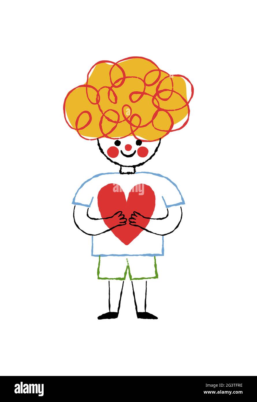 Happy little boy holding heart shape in cute children cartoon style. Hand drawn curly kid character on isolated white background. Child education or p Stock Vector