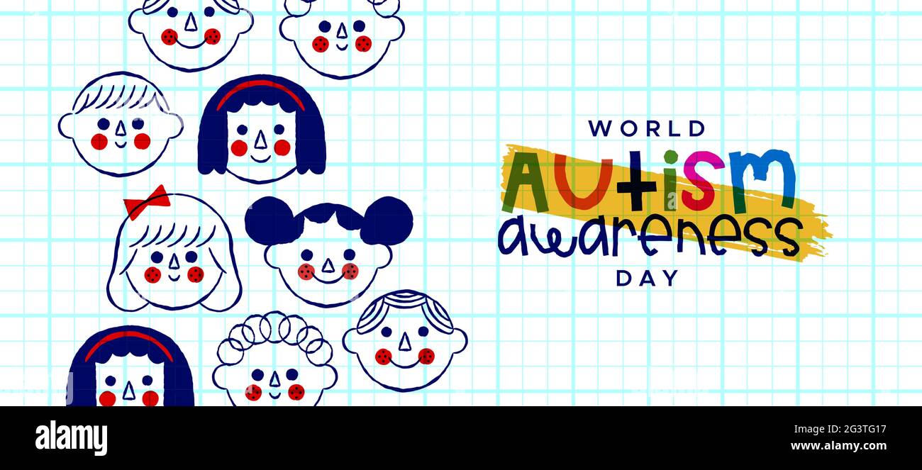 World Autism Awareness Day greeting card illustration of happy children cartoon faces in hand drawn style. Autistic education support concept for apri Stock Vector