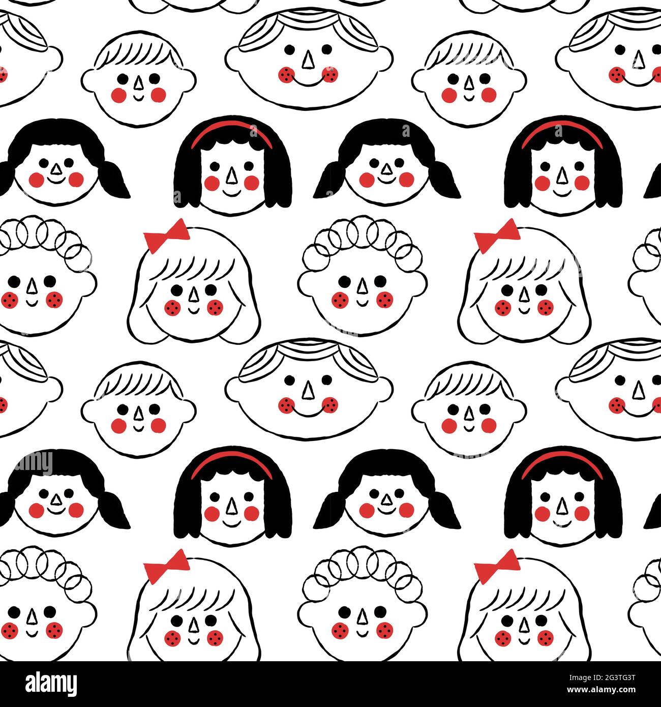 Funny children doodle cartoon seamless pattern illustration with diverse boy and girl character faces. Childish hand drawn pencil background for kid e Stock Vector