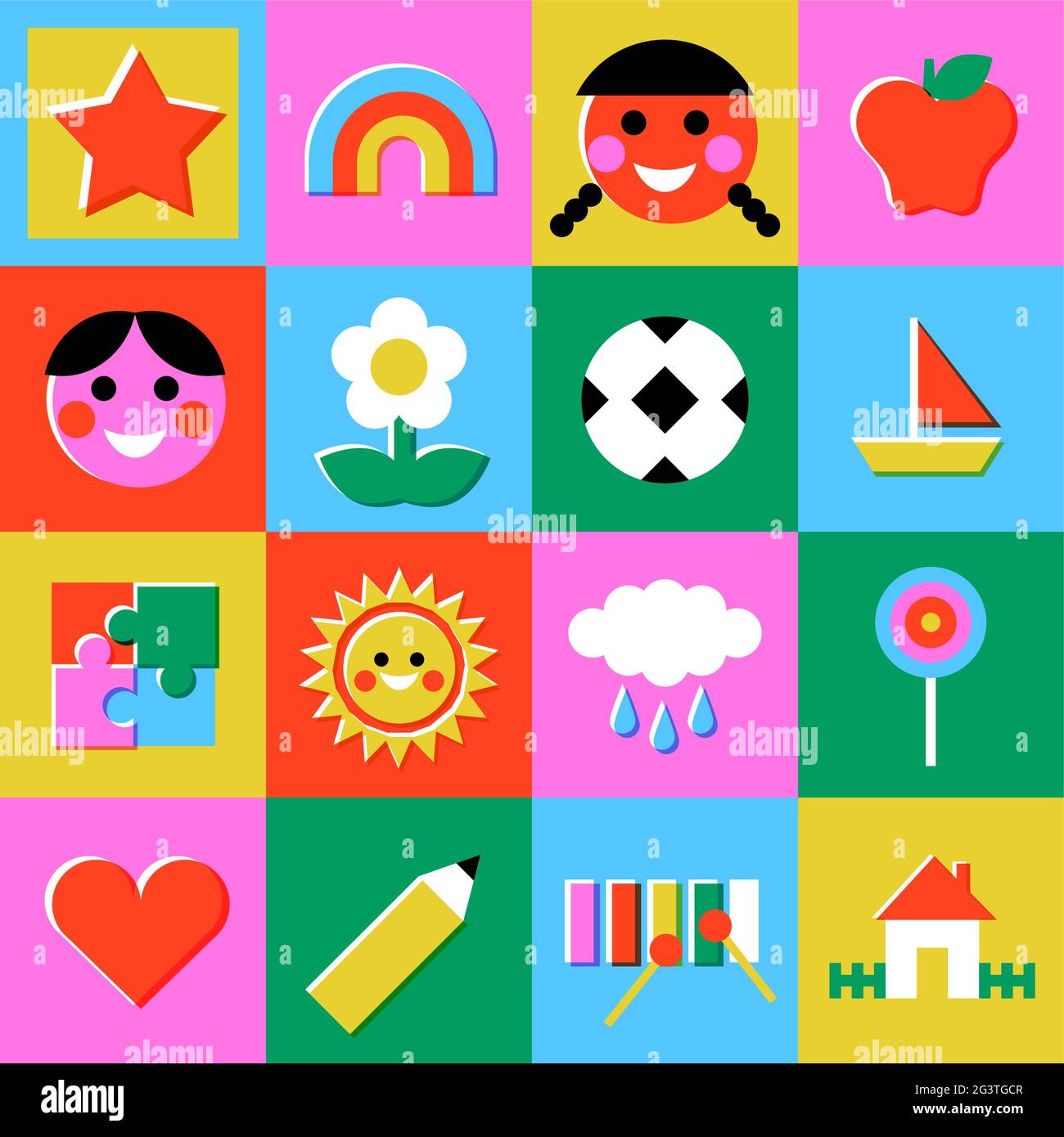 Colorful children mosaic cartoon seamless pattern with funny kid toy icons in retro scandinavian art style. Child education background concept include Stock Vector