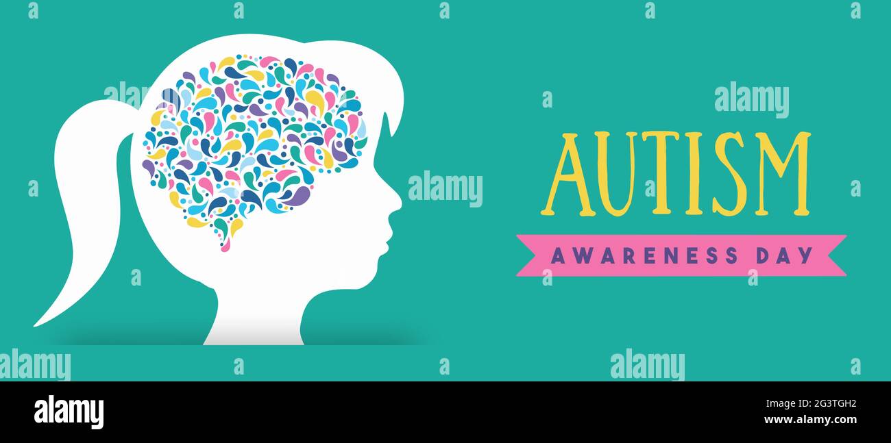 Autism awareness day web banner illustration of girl child head with colorful brain. Kid education concept, different learning ability. Support event Stock Vector