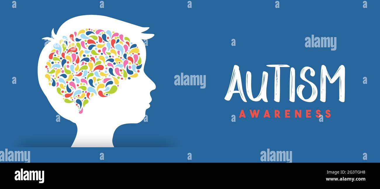 Autism awareness day web banner illustration of boy child head with colorful brain. Kid education concept, different learning ability. Support event o Stock Vector