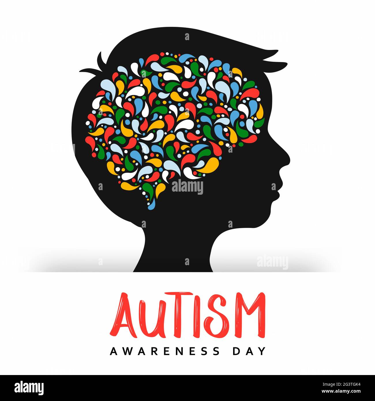 Autism awareness day greeting card illustration of boy child head with colorful brain. Kid education concept, different learning ability. Support even Stock Vector