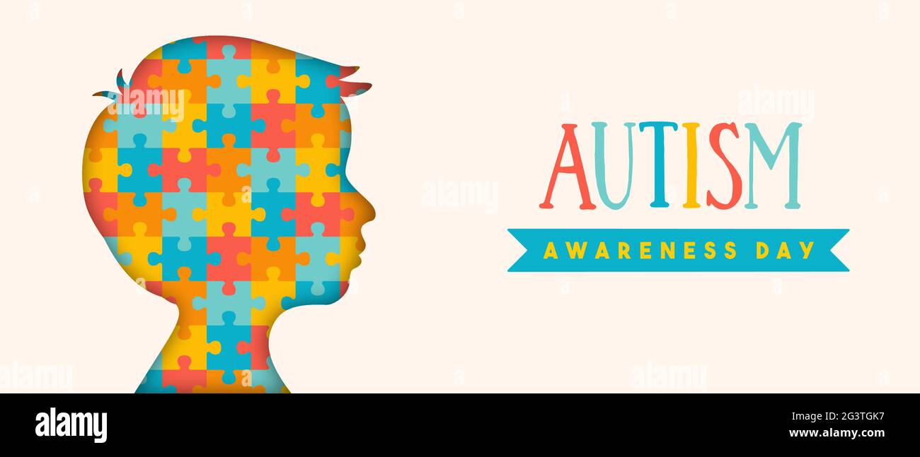 Autism awareness day web banner illustration of paper cut boy silhouette with colorful puzzle pieces game inside. Different kid concept, psychology su Stock Vector