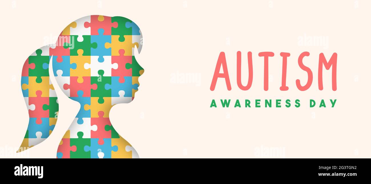 Autism awareness day web banner illustration of paper cut girl silhouette with colorful puzzle pieces game inside. Different kid concept, psychology s Stock Vector