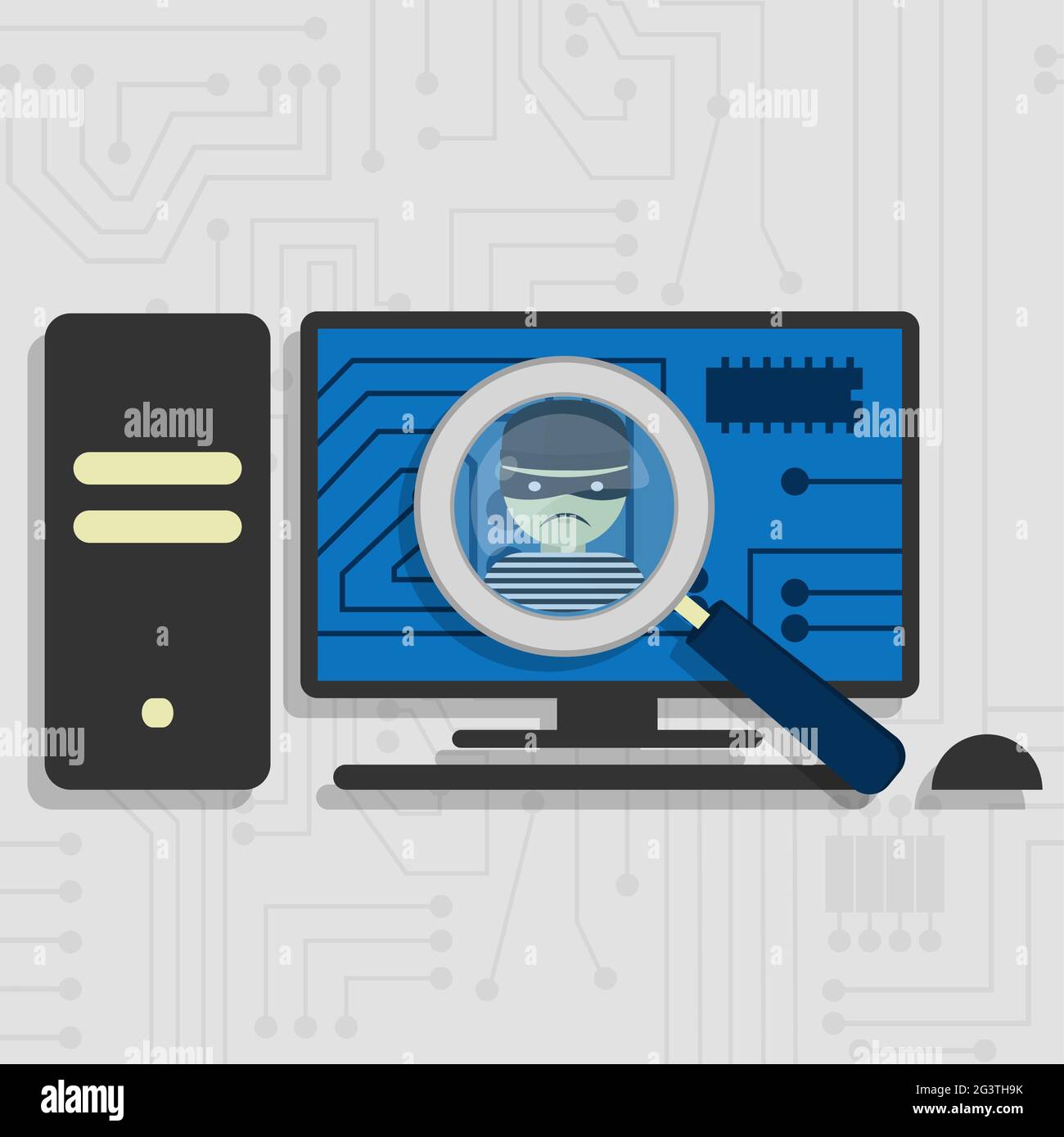 Malware detected on pc represented by a magnifying glass focusing on the figure of a thief Stock Vector
