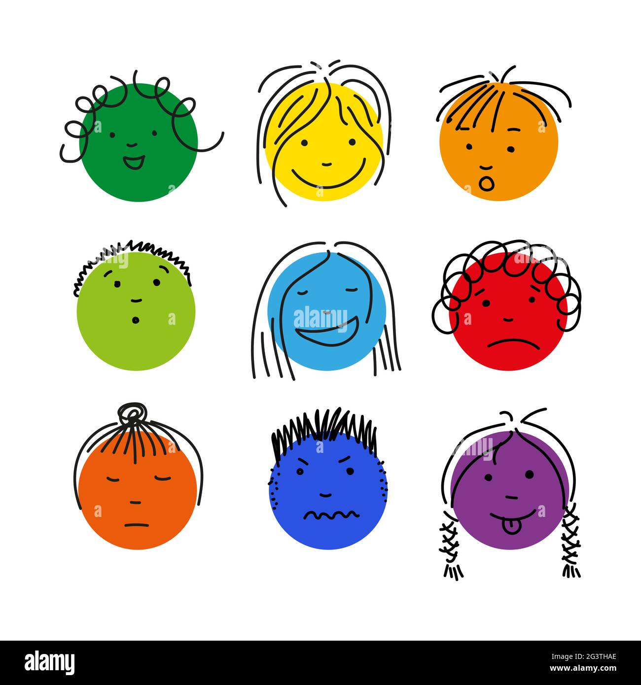 Colorful people face doodle collection with diverse emotion and mood gestures. Childish hand drawn isolated cartoon set includes angry, sad, funny cha Stock Vector