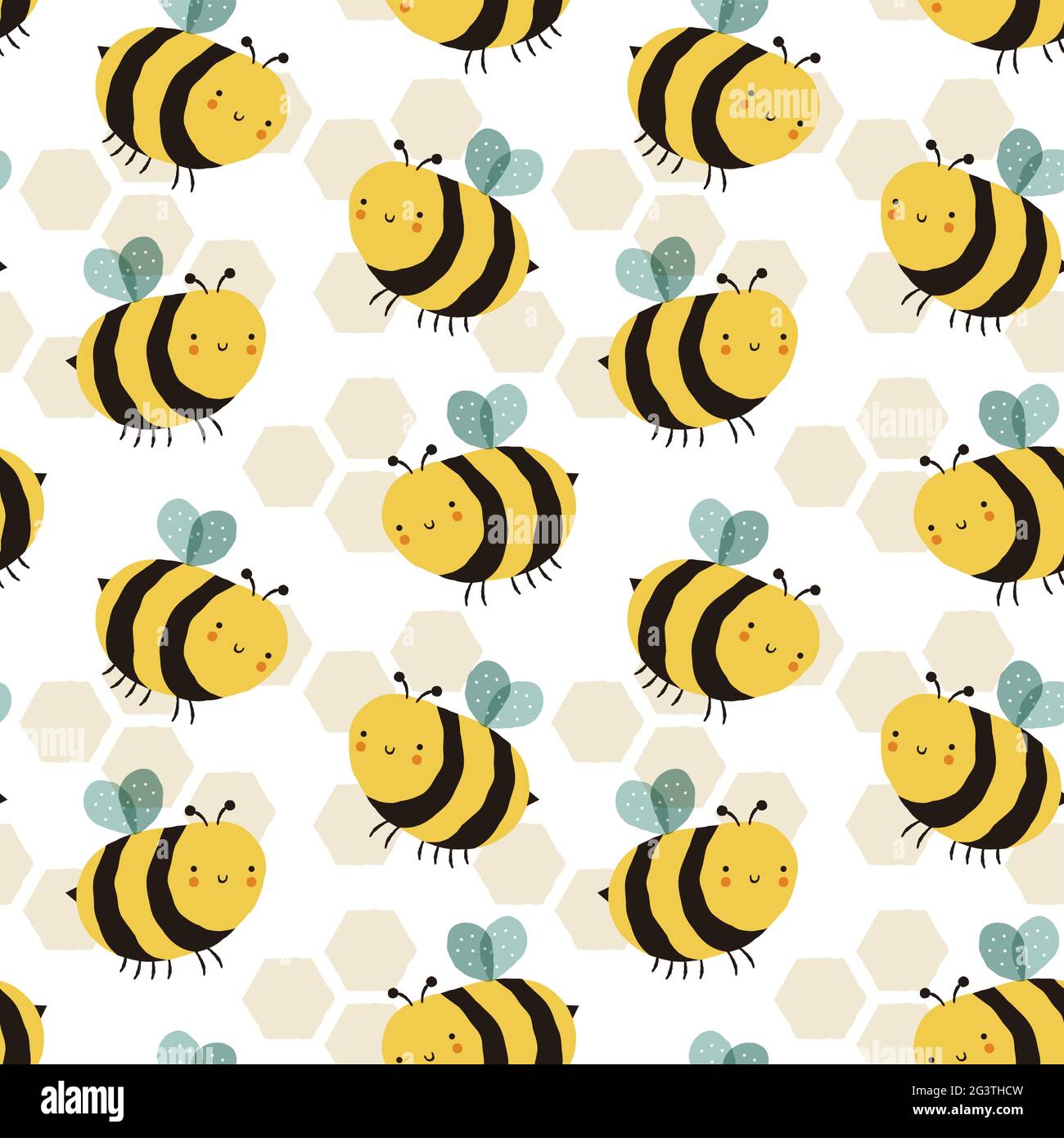 Funny bee doodle cartoon seamless pattern illustration with cute bumblebee character on isolated beehive backdrop. Childish hand drawn bees background Stock Vector