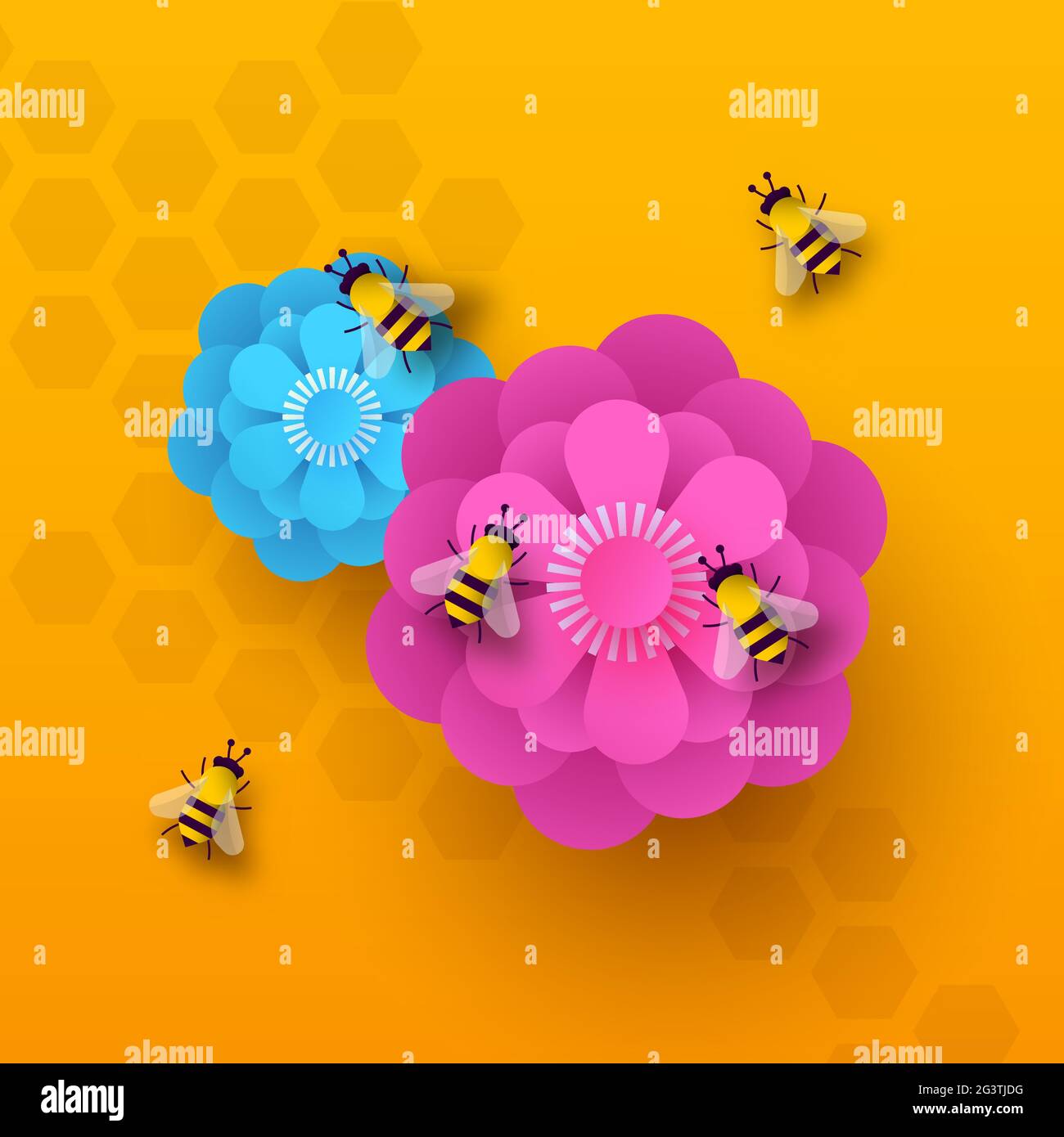 Floral spring illustration background of paper cut flowers and bee insects in modern 3d papercut style for season event or animal conservation. Stock Vector