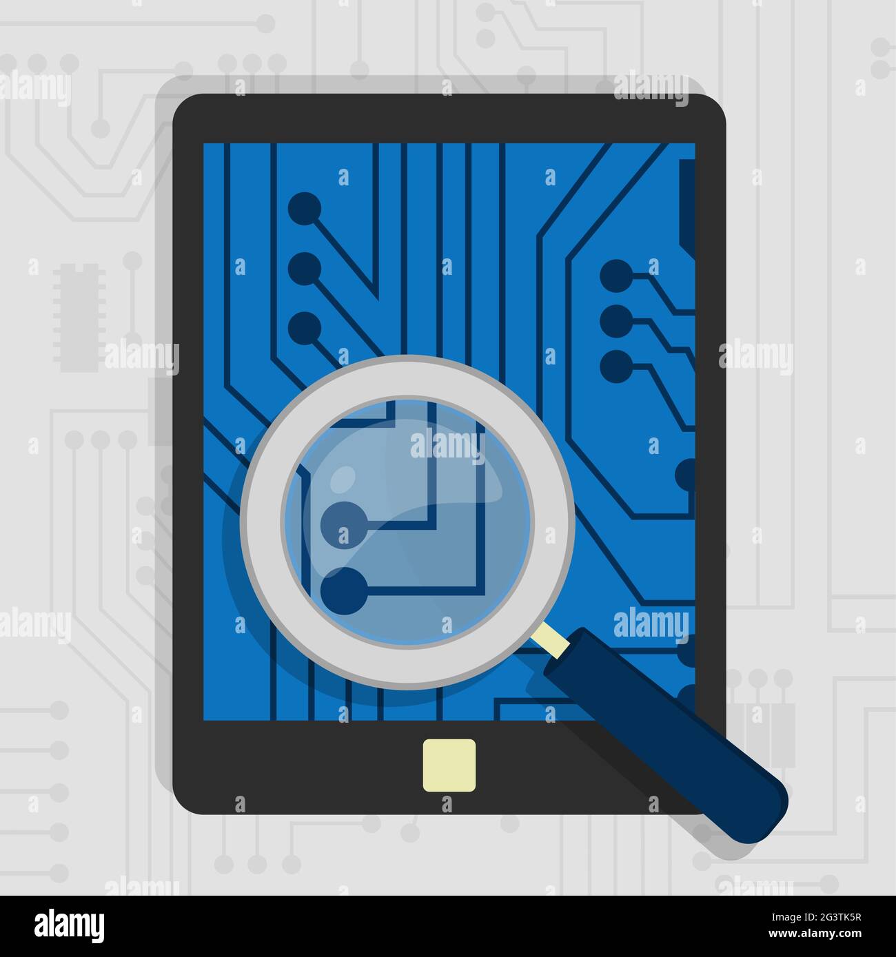 Analyzing the hardware and the electronic circuit of the tablet with a magnifying glass. Stock Vector