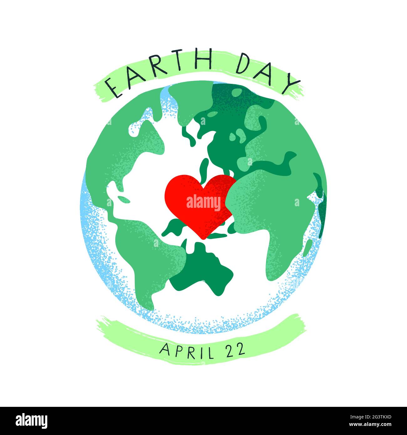 Earth Day greeting card illustration of green world with red heart shape inside. Global environment care concept, flat cartoon design for april 22 int Stock Vector