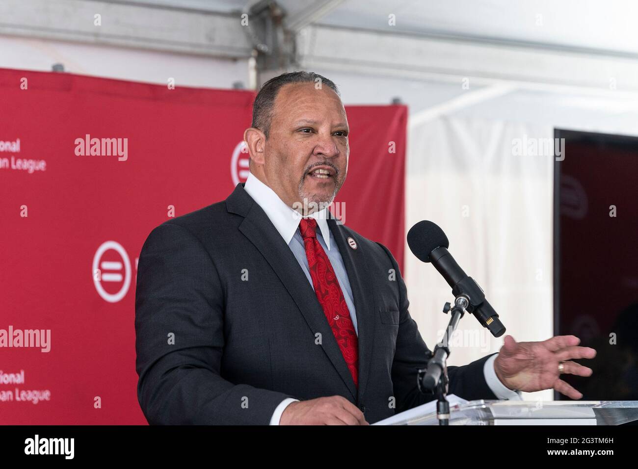 New York, USA. June 17 2021: NUL President & CEO Marc Morial delivers remarks at construction kickoff for National Urban League Empowerment Center in Harlem. New center will include Urban Civil Rights Museum, NAL Headquarters, National Urban League Institute for Race, Equity and Justice, 170 units of affordable housing, office space for non-profits organizations including One Hundred Black Men of New York, United Negro College Fund and Jazzmobile, and retail space with Target and Trader Joe's as anchors. Credit: Pacific Press Media Production Corp./Alamy Live News Stock Photo