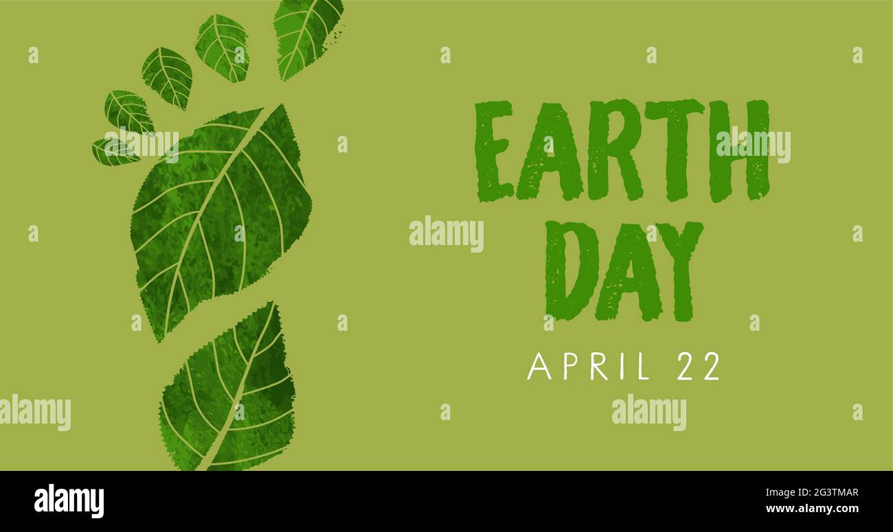 Earth Day web banner illustration of hand drawn green watercolor foot shape. Carbon footprint concept for april 22 nature care holiday event. Stock Vector