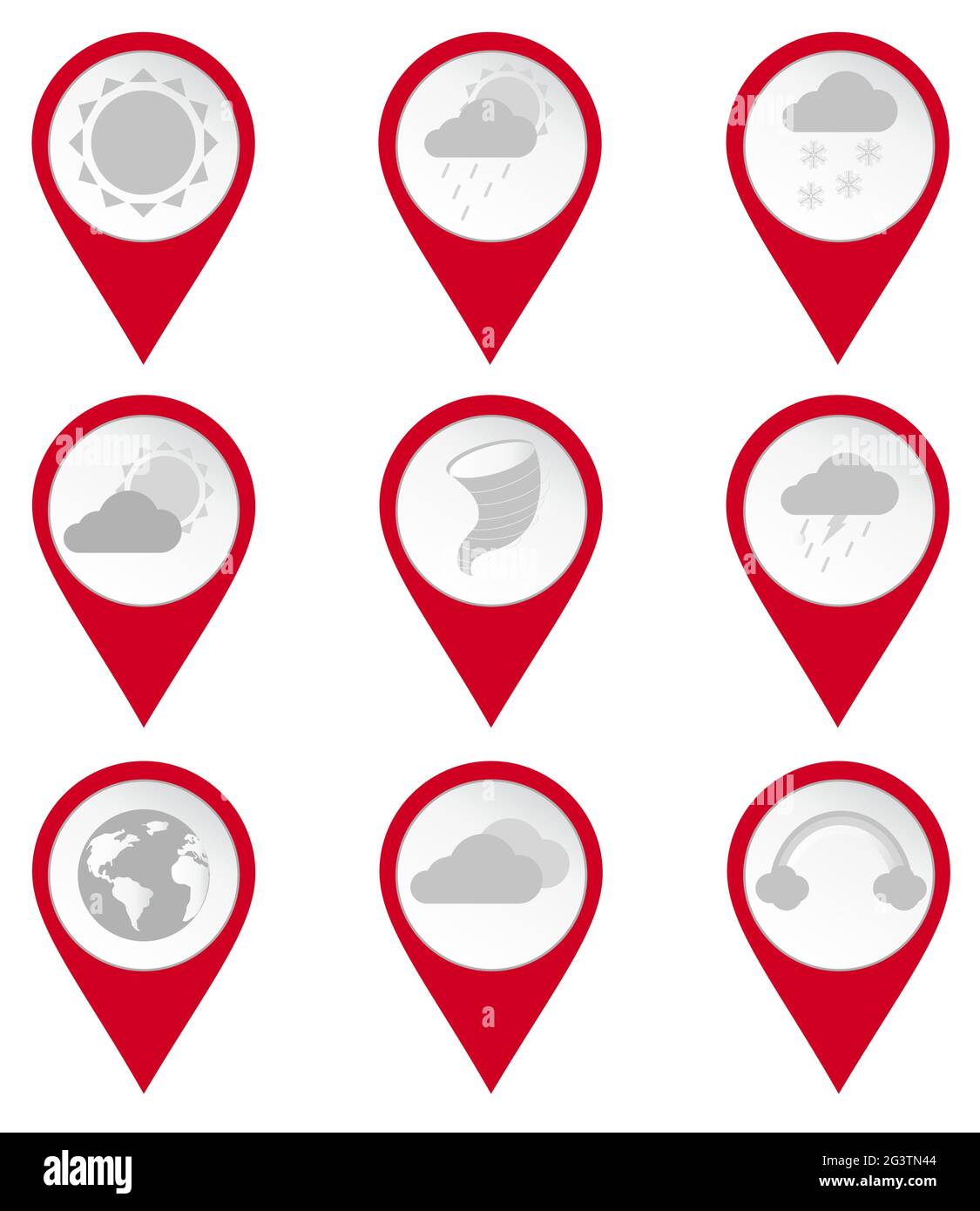 Map pin icons of climates: cloudy, sunny, storm, rain, snow, rainbow. White background. Stock Vector
