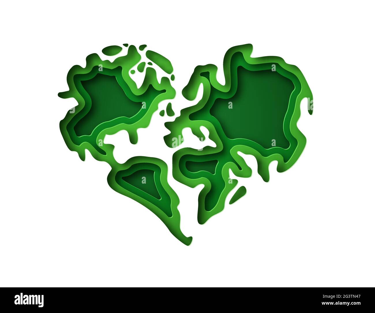 Paper cut earth planet illustration of green heart shape world, layered cutout map. Global environment care concept, 3d origami design on isolated whi Stock Vector