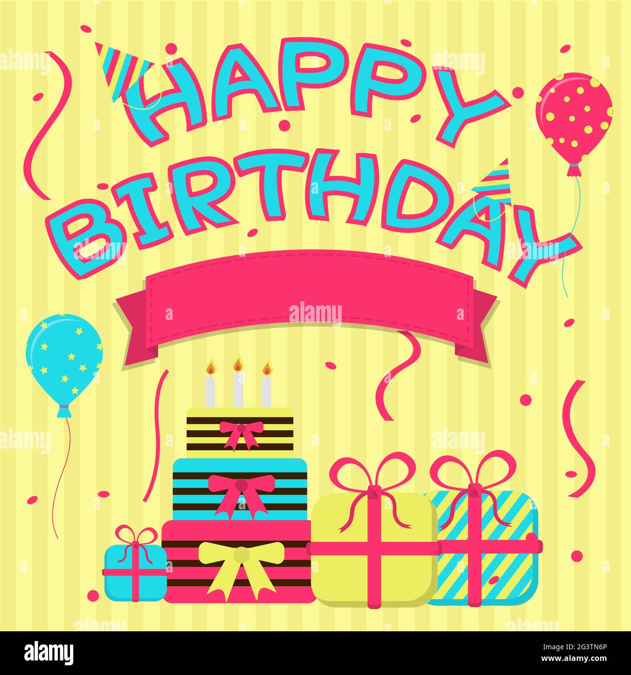 Happy birthday colorful card with a ribbon to enter text. Cake and presents Stock Vector