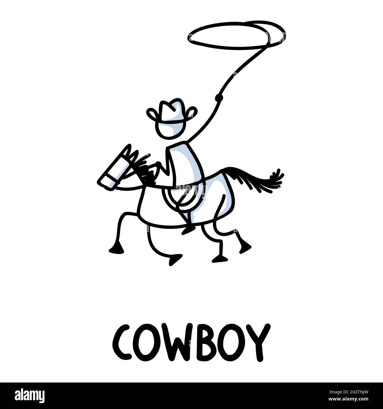 Black and white drawn stick figure of cowboy horseback rider text. Wild  masculine stallion for monochrome folk icon sketchnote or illustrated Stock  Vector Image & Art - Alamy