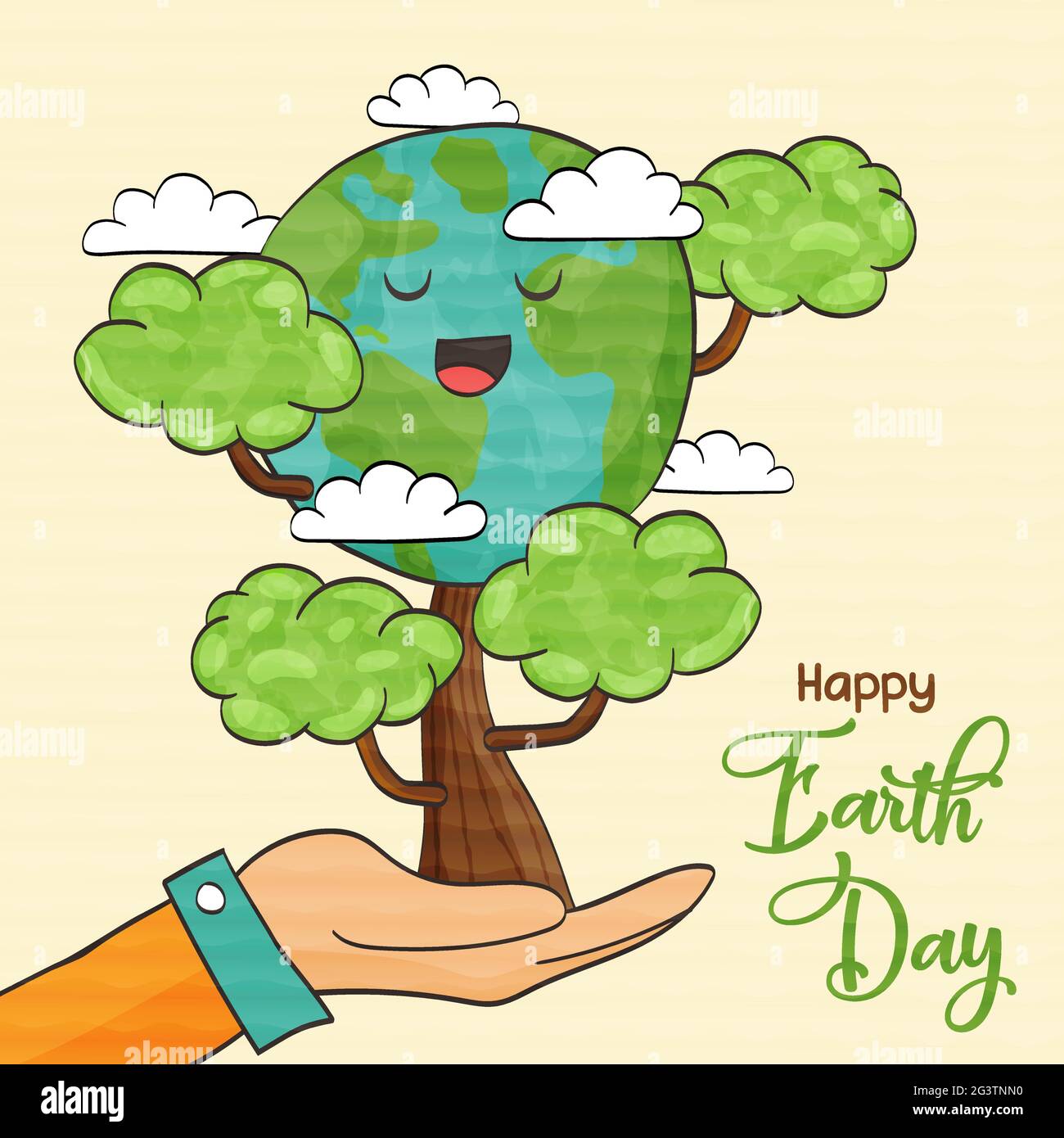 Happy Earth Day web banner illustration of character hand holding cute green planet tree in funny cartoon style. April 22 world nature help holiday de Stock Vector