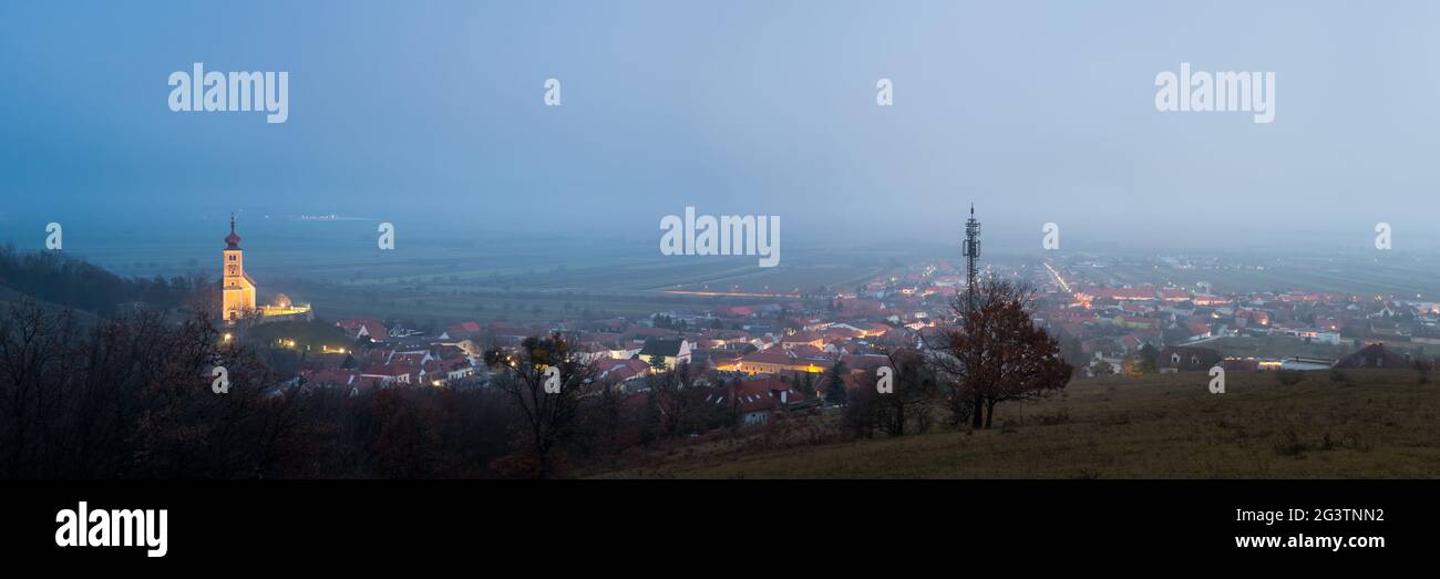 Town View with Mountain Church of St. Martin and Lake Neusiedl, Donnerskirchen, Northern Burgenland, Stock Photo