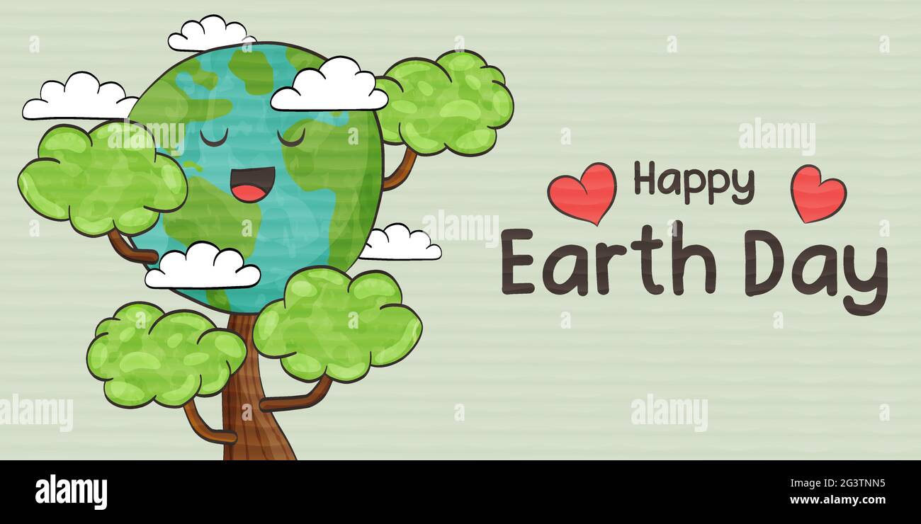 Happy Earth Day web banner illustration of cute planet character growing from tree in funny cartoon style. April 22 world nature help holiday design. Stock Vector