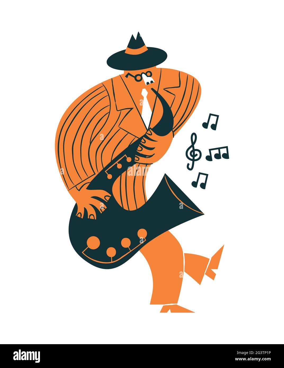 Funny jazz musician cartoon character playing saxophone musical instrument on isolated background. Vintage hand drawn saxophonist man. Stock Vector