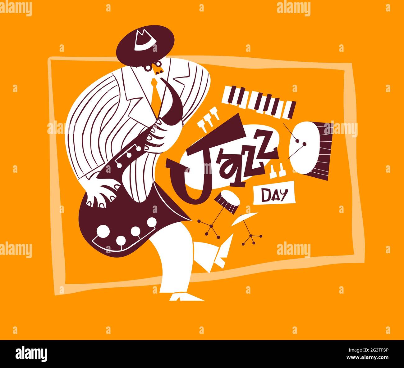 Jazz Day greeting card illustration of hand drawn cartoon man playing saxophone. Retro mid century band instruments and funny musician character for a Stock Vector