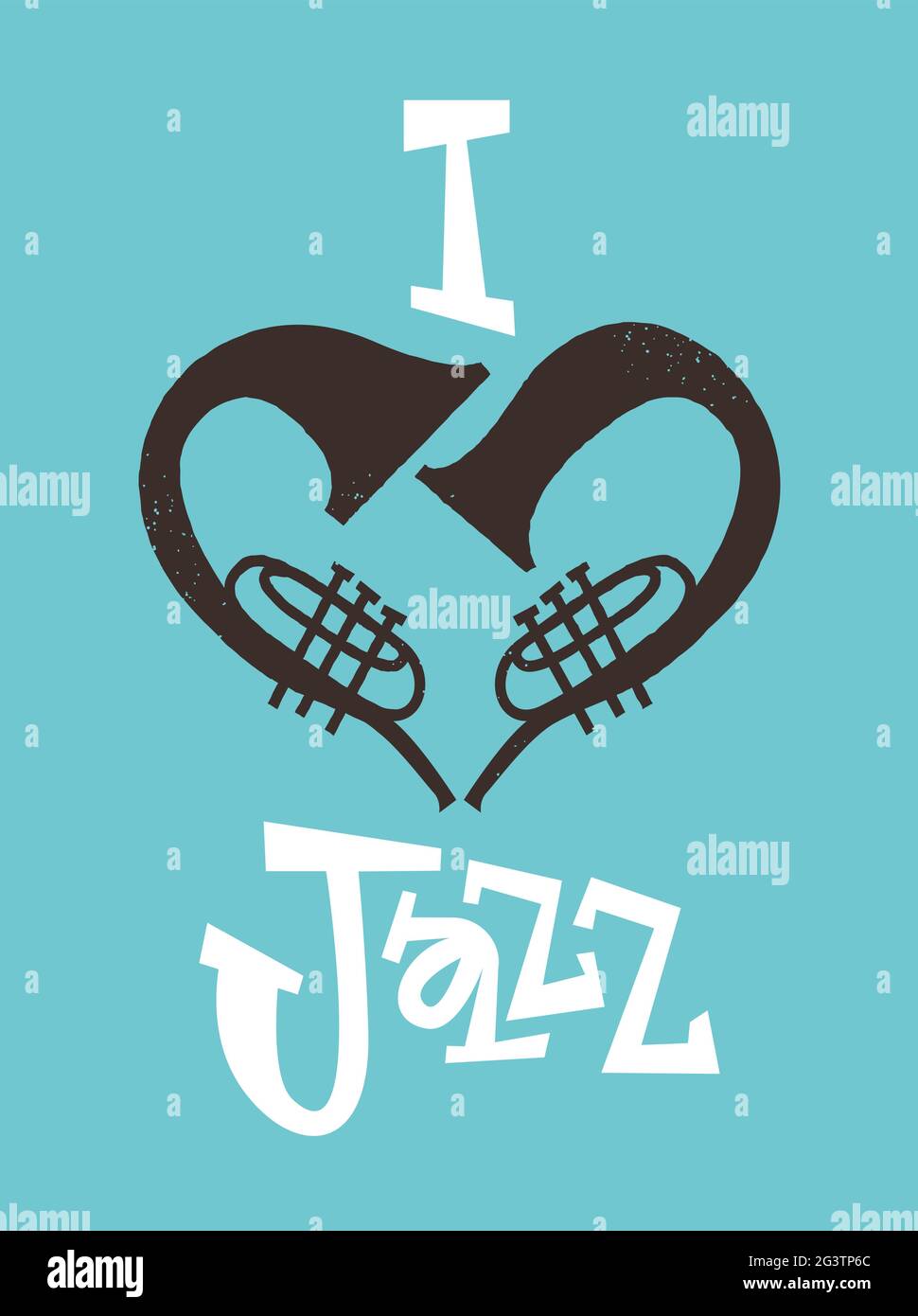 I love jazz typography poster illustration of trumpet instrument making heart shape. Retro cartoon band instruments concept for music genre fan. Stock Vector