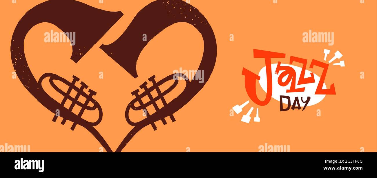 Jazz Day banner illustration of trumpet instrument making heart shape. Retro cartoon band instruments love concept for april 30 holiday event. Stock Vector