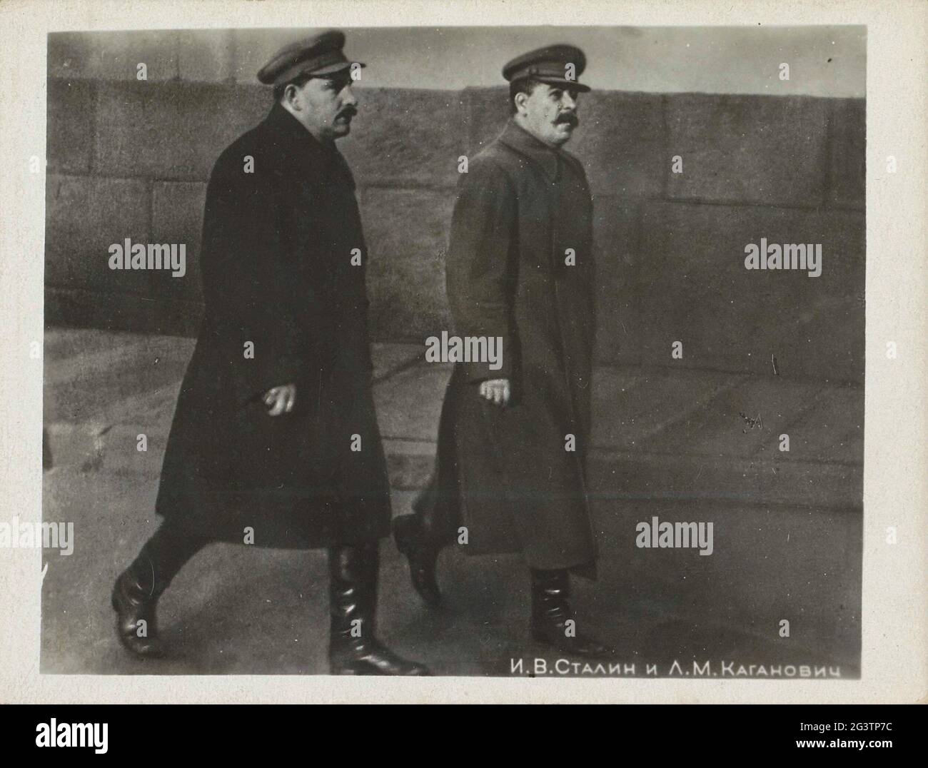 Joseph Stalin and Lazar Kaganovich, walking; I.v. Stalin and L.M. Kaganovich. Part of photo album with recordings of the Moscow metro. Stock Photo