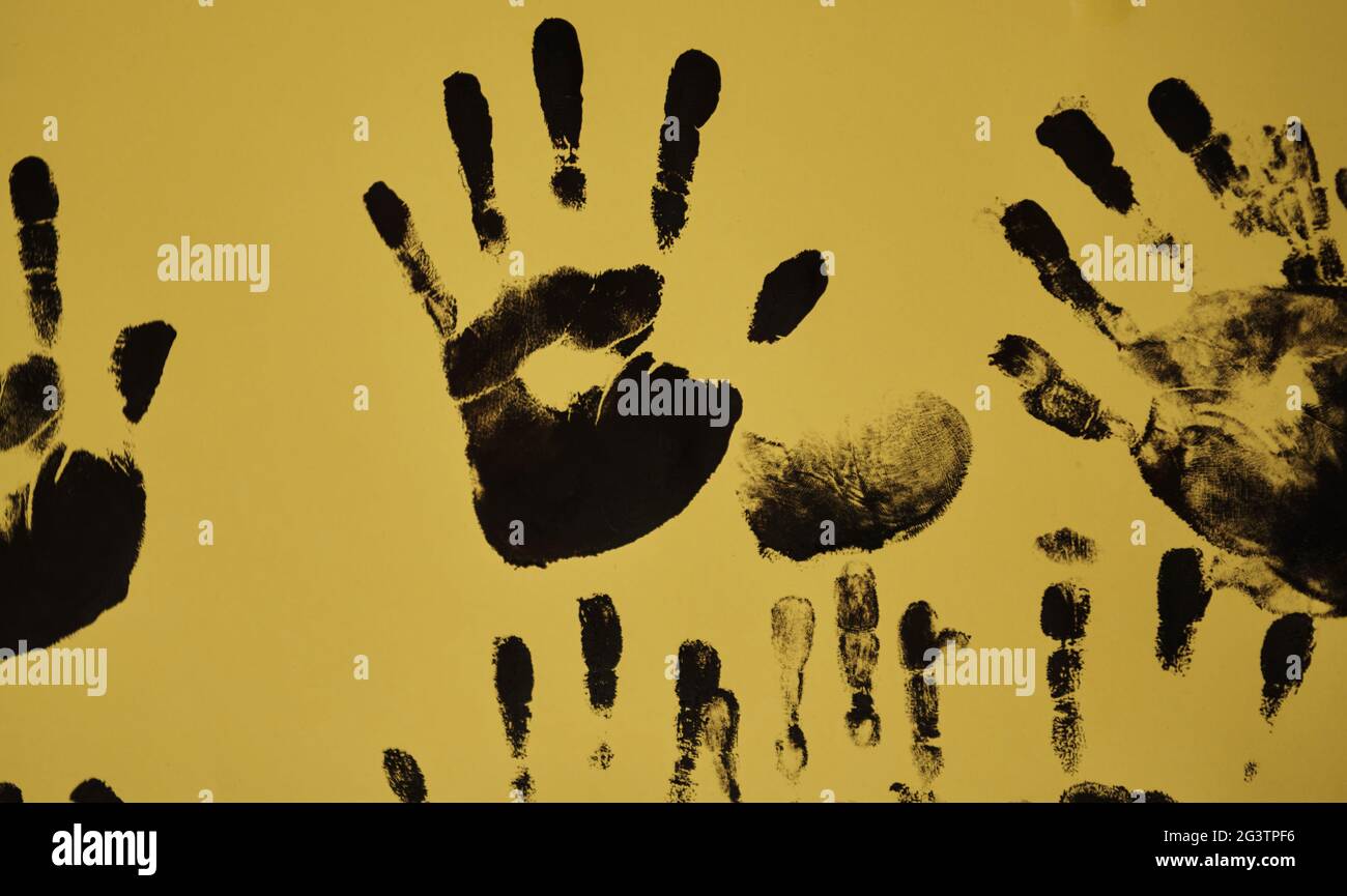 Creative children black handprints painting Stock Photo Alamy