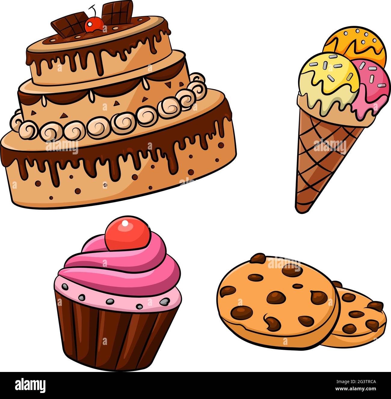 Cartoon vector illustration of a dessert assortment including cake,  cupcake, ice cream, cookies Stock Vector Image & Art - Alamy
