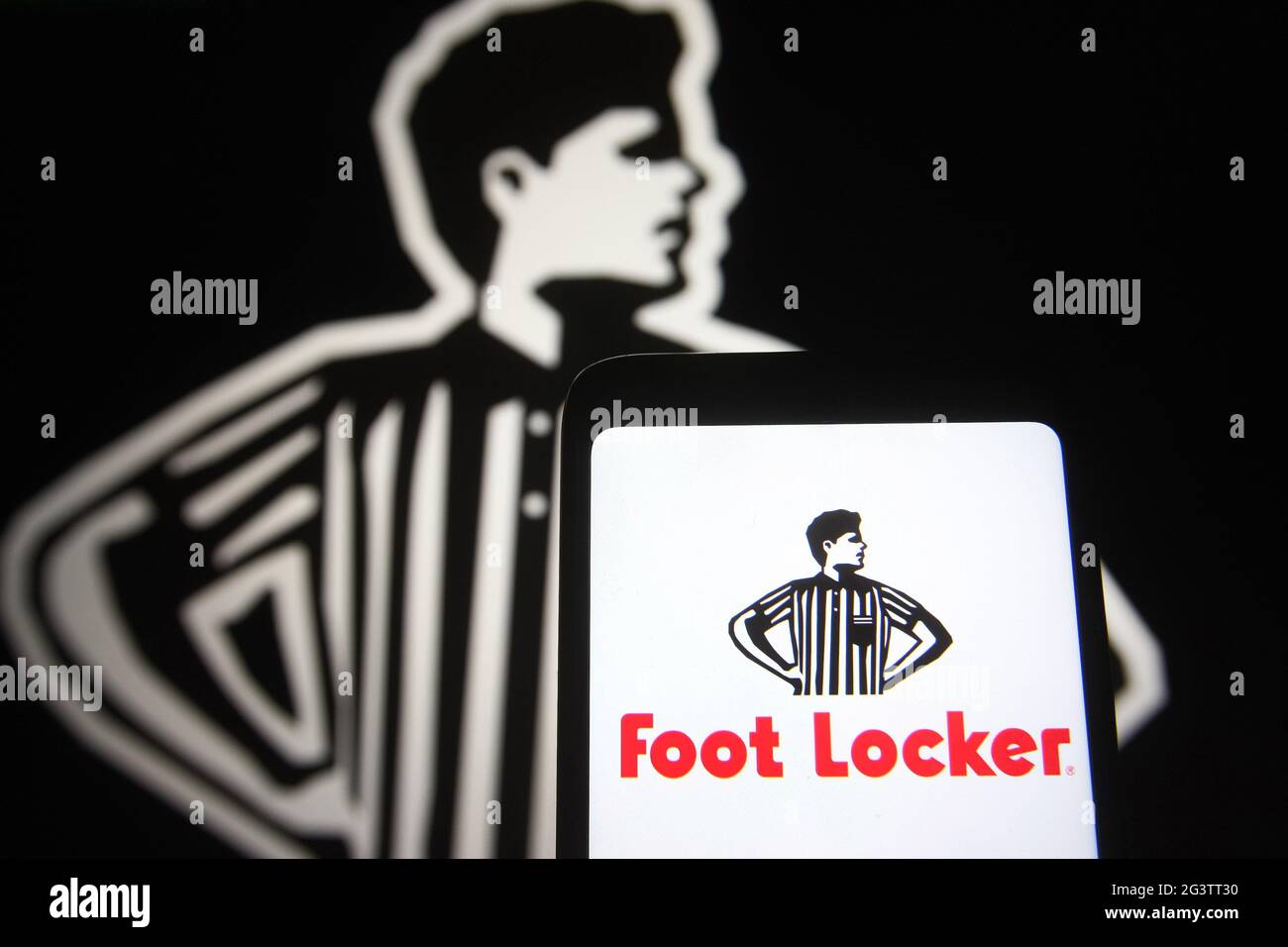 Ukraine. 17th June, 2021. In this photo illustration, Foot Locker logo of  the US sportswear and