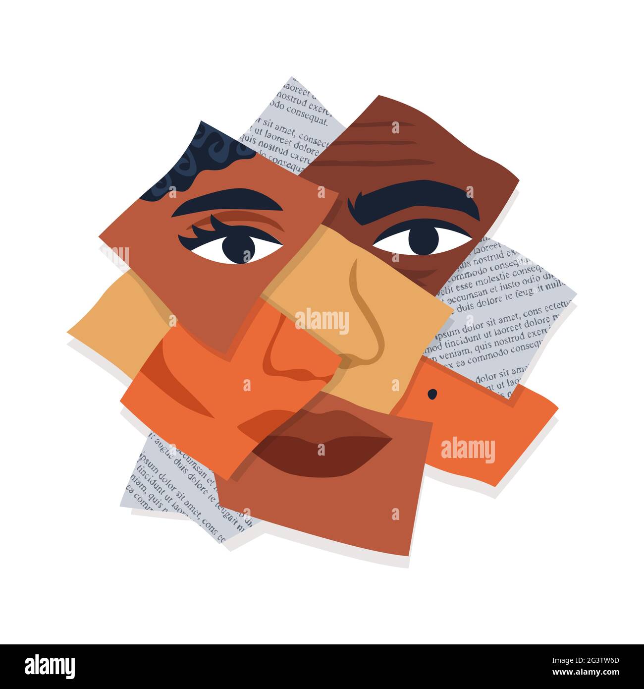 Diverse people faces together in paper clippings cutout collage. Ethnic mix illustration on isolated white background for social identity or diversity Stock Vector