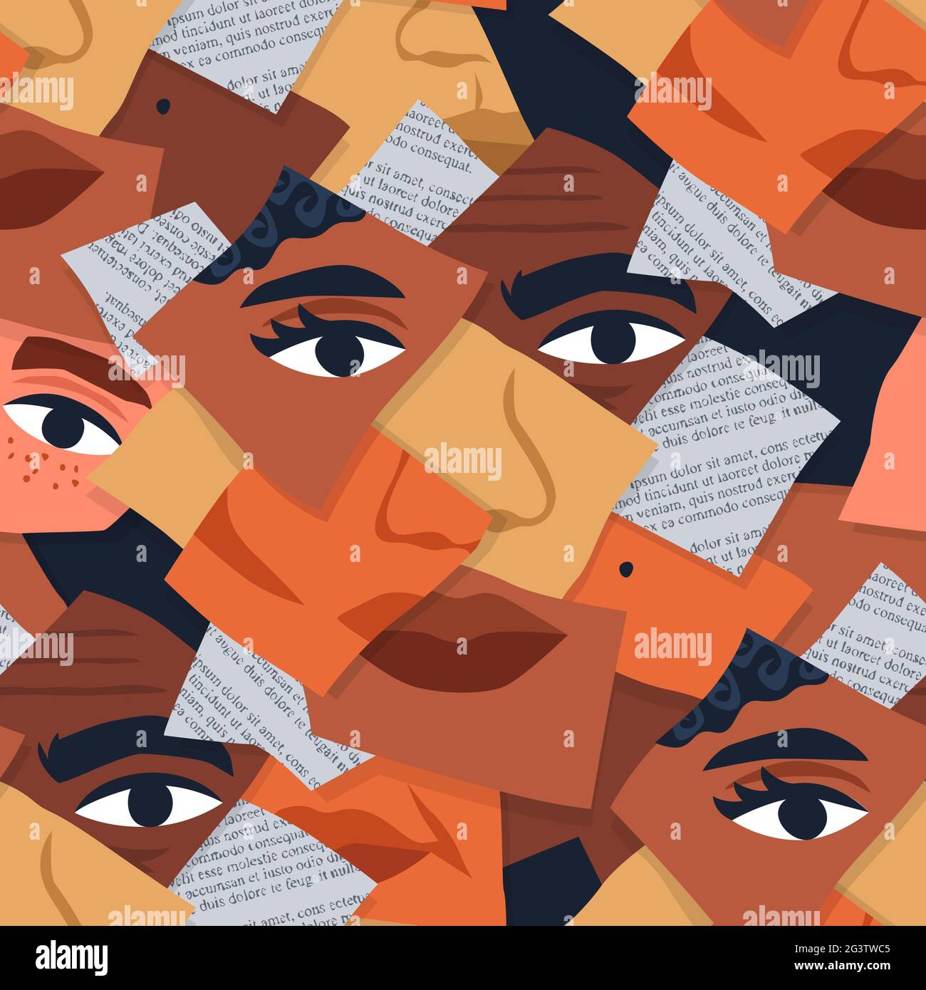 Diverse people faces made of paper cut collage, flat seamless pattern illustration. Ethnic social group mix concept or immigrant identity cartoon back Stock Vector