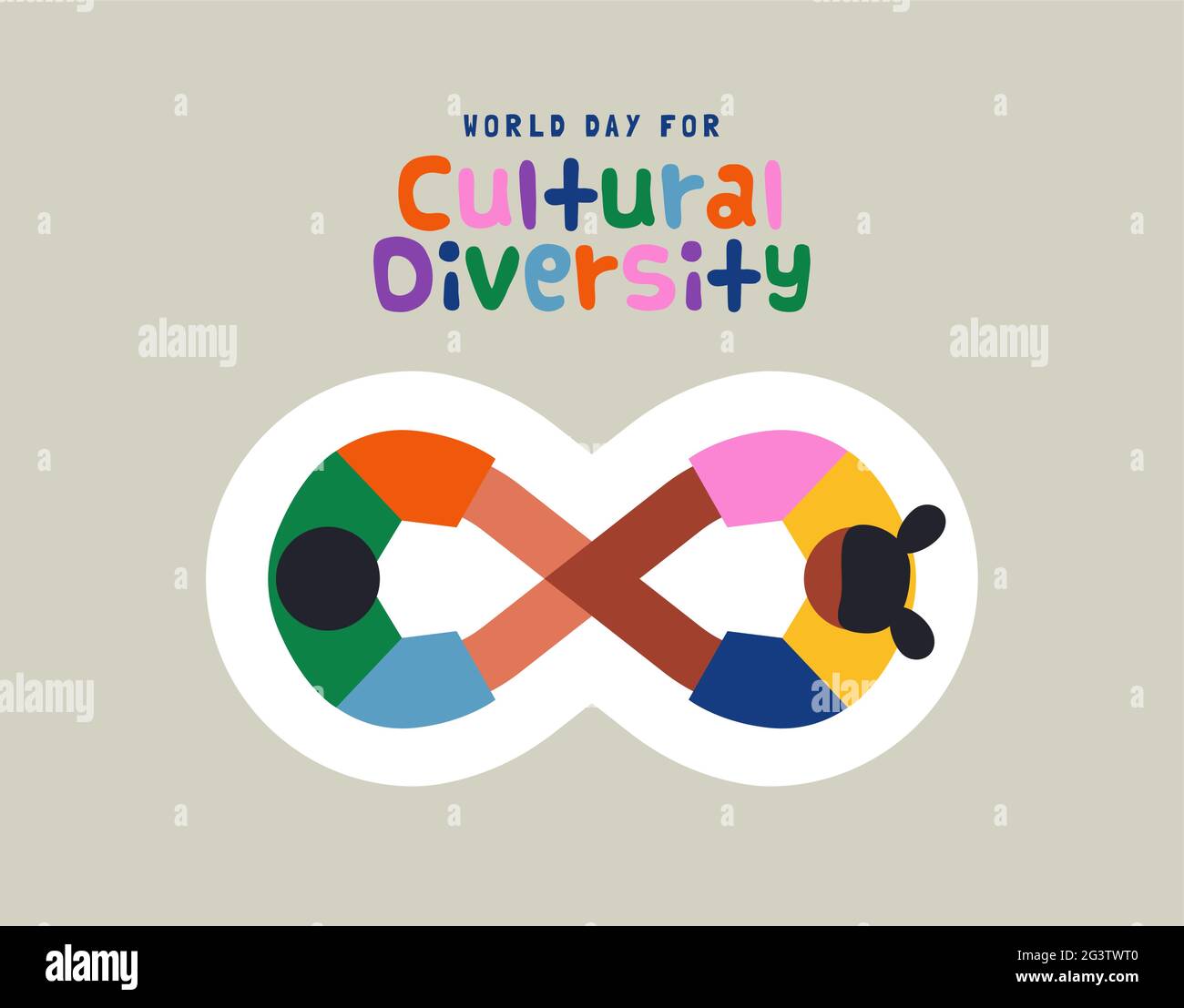 World Day for Cultural Diversity greeting card illustration. Diverse friend team holding hands together making infinite symbol. Colorful children frie Stock Vector