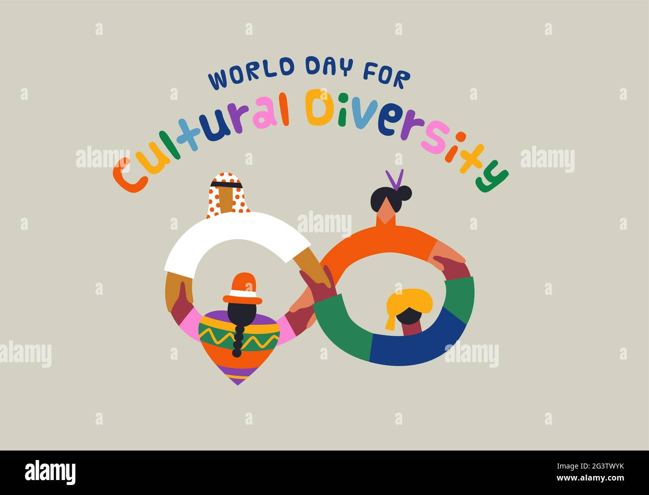 World Day for cultural diversity greeting card illustration of diverse culture people holding hands together. Ethnic mix friend group concept, 21 may Stock Vector