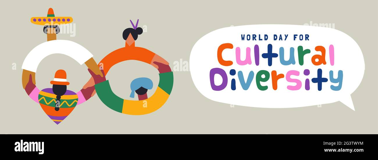 World Day for cultural diversity greeting card illustration of diverse culture people holding hands together. Ethnic mix friend group concept includes Stock Vector