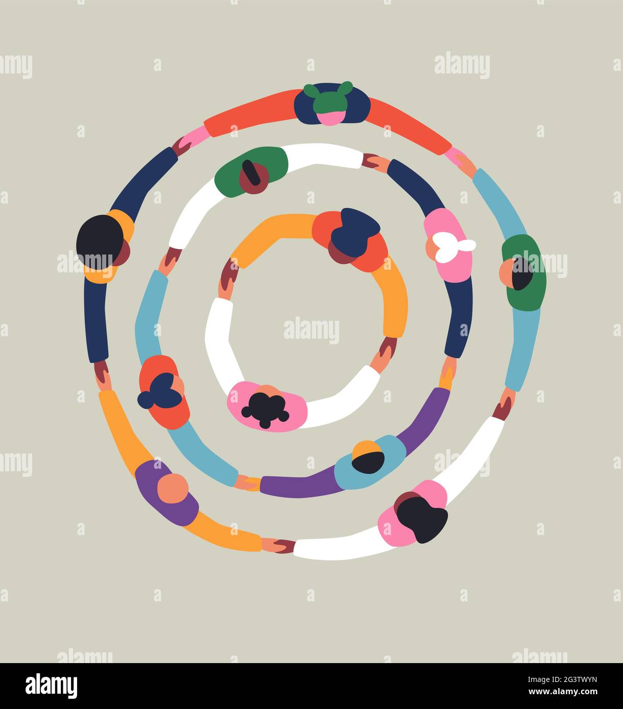 Big group of people holding hands together making round circle shape. Colorful diverse friend team concept, united community or social cooperation car Stock Vector