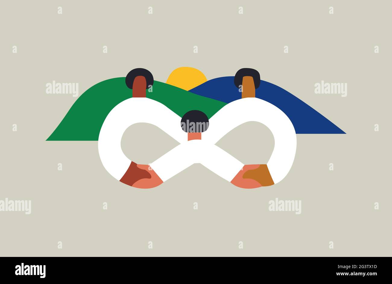 Diverse people group holding hands together making infinite symbol shape. Family unity or friend team concept, simple flat cartoon illustration on nat Stock Vector