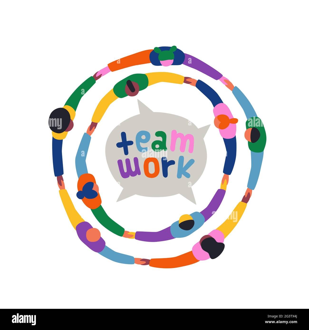 Teamwork illustration concept of colorful diverse people group holding hands together in big round circle. Different culture community, business partn Stock Vector