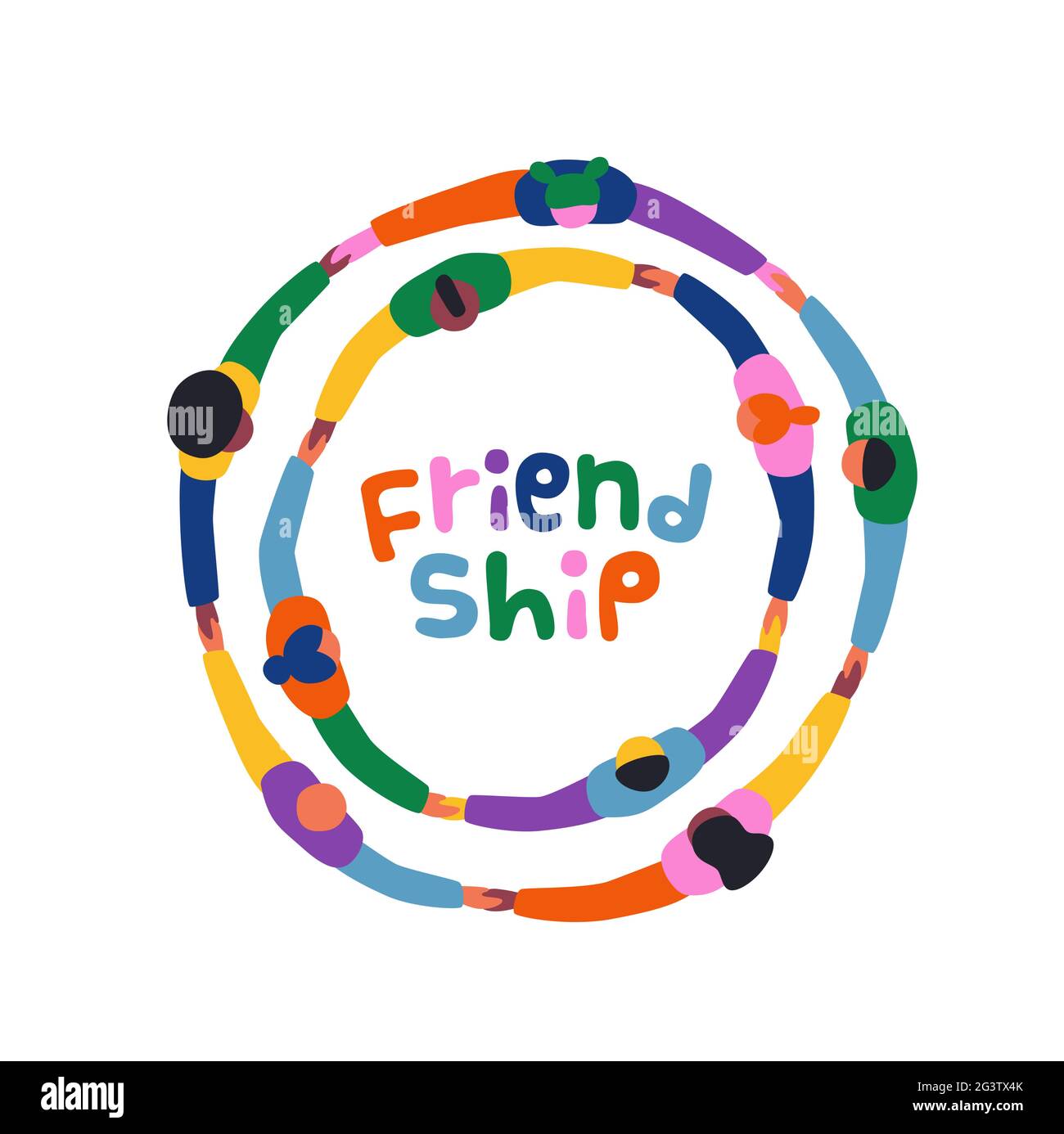 Friendship illustration concept of colorful diverse people group holding hands together in big round circle. Different culture friend team on isolated Stock Vector
